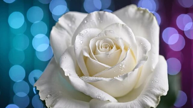 Closeup of a beautiful white rose with water droplets on petals set against a vibrant bokeh background of blue and purple lights creating a romantic and dreamy atmosphere.