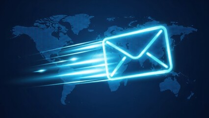 Glowing email icon rapidly moving across a dark blue digital world map.