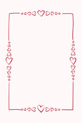 Vintage vertical frame for decoration of card, poster, invitation for Valentines day, wedding, anniversary. Hand drawn whimsical hearts in in sketch style. Flat vector illustration.