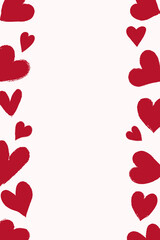 Vertical background with red grunge hearts border on pastel background, hand drawn brush style. Perfect for Valentines Day cards, romantic posters, invitations, social media stories.