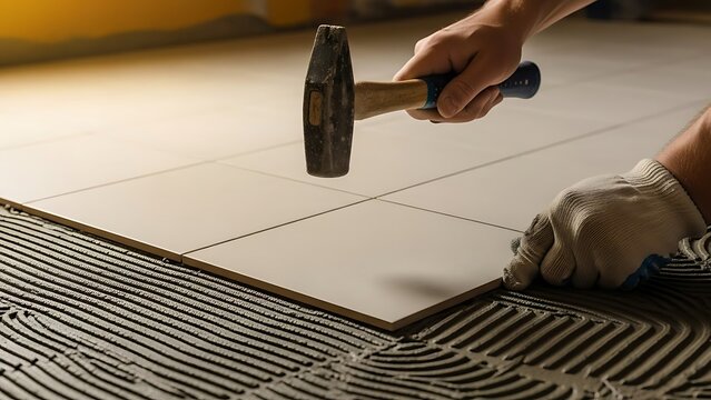 Close-up of a worker installing tile with a hammer. Focus on hands and new flooring