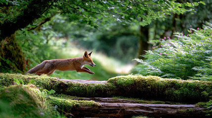 Fototapeta premium Fox Crossing Log in Mossy Forest