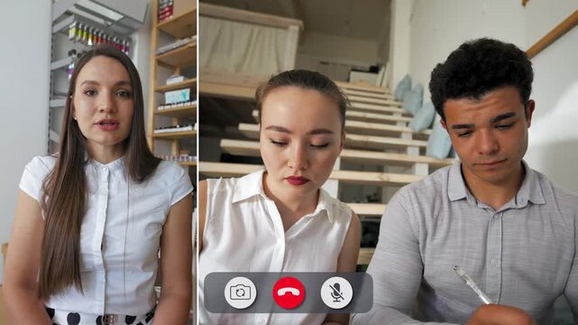 Focused students interact with their teachers through an online call, sharing knowledge and insights in a creative educational setting filled with dedication.