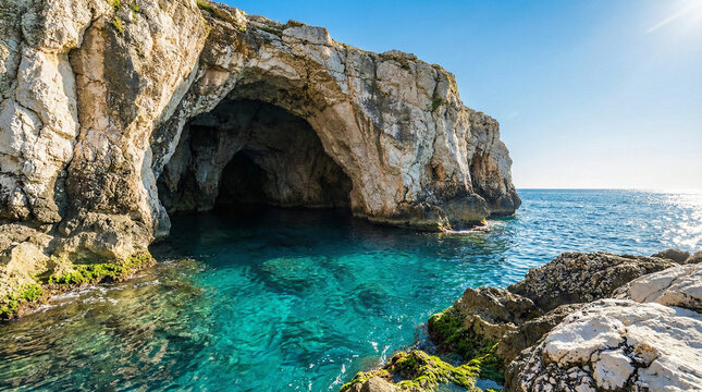 
Entrance of Hercules Cave on the Tangier coast, clear blue sea water flowing into the cave, white and green rocks surrounding the entrance, sunlight reflecting on the water, stunning and peaceful nat