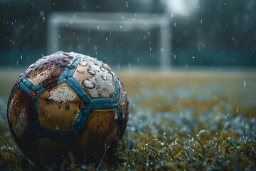Close-up cinematic shot of a worn soccer ball in rain on grass field