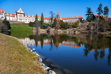 Neo-Renaissance landmark castle Pruhonice with park, garden and pond.