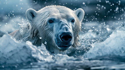 Polar bear emerging from icy ocean waters in natural habitat