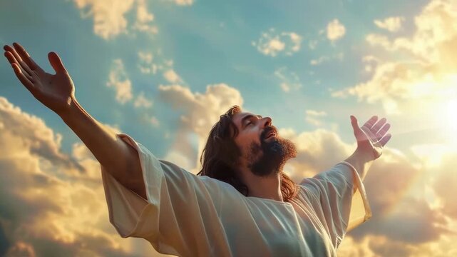 Jesus christ praying with arms outstretched to the heavens