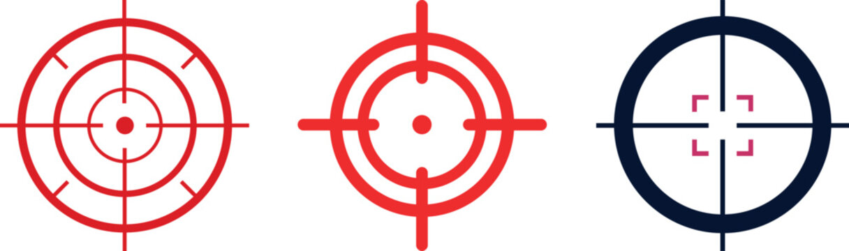 Bullseye target silhouette icon set with crosshairs and accuracy symbols.Abstract line art target icons set featuring various crosshair designs for accuracy and precision concepts.Minimal target icon