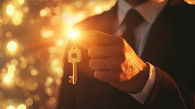 Businessman holding a glowing key to success