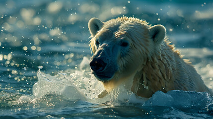 Polar bear emerging from frigid ocean waves in close up view