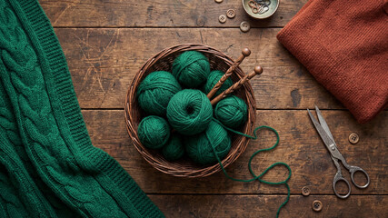 Flat lay of a green knitted scarf and brown sweater, wooden needles, balls of wool in a basket, and scissors on a rustic wooden table. Warm and cozy atmosphere of a home craft workshop in the winter.