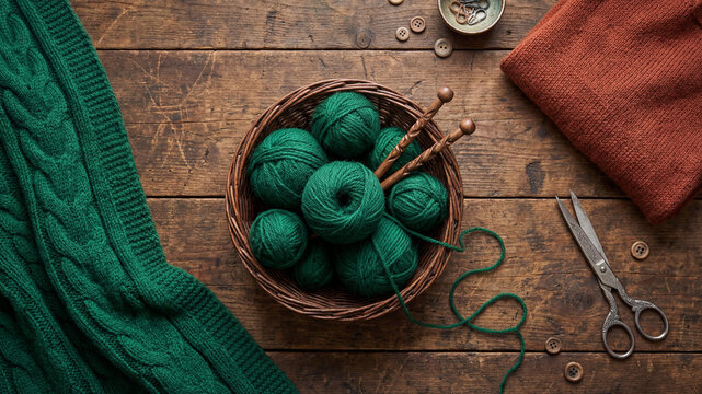 Flat lay of a green knitted scarf and brown sweater, wooden needles, balls of wool in a basket, and scissors on a rustic wooden table. Warm and cozy atmosphere of a home craft workshop in the winter. - Powered by Adobe