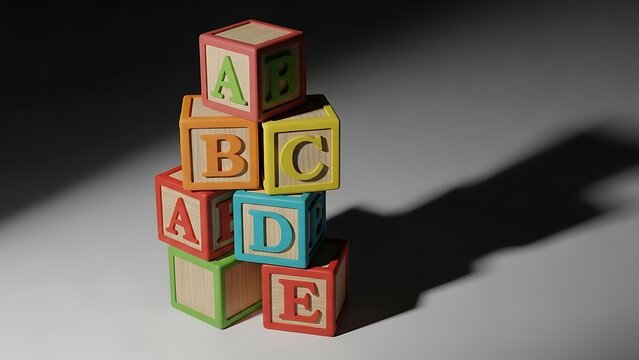 Abcde alphabet blocks stacked together with letters on a gray background