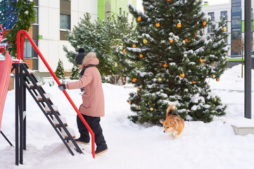 Fototapeta premium Child climbing stairs in snowy park with dog