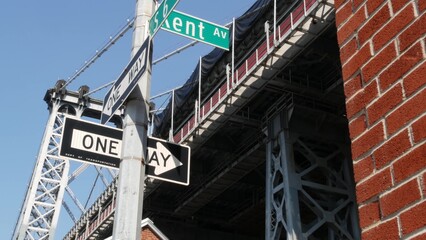 Williamsburg Bridge in Brooklyn, New York City, United States. Transport metallic bridge near Marcy...