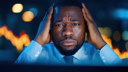 Man looks concerned while working on computer during late night hours