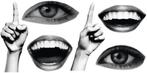 Halftone hand gestures pointing up eye and lips elements dot texture collage graphic design for posters and art prints © Hoody Baba