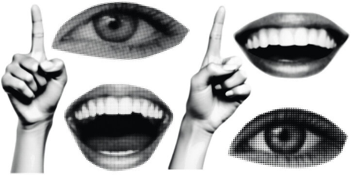 Halftone hand gestures pointing up eye and lips elements dot texture collage graphic design for posters and art prints