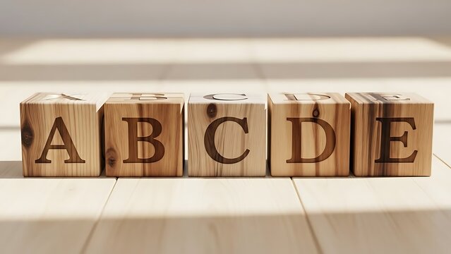 Abcde alphabet blocks arranged on wooden floor with natural light
