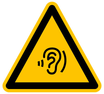 Se&ntilde;al de advertencia amarilla o&iacute;do con ondas sonoras audici&oacute;n y protecci&oacute;n ac&uacute;stica dise&ntilde;o vectorial