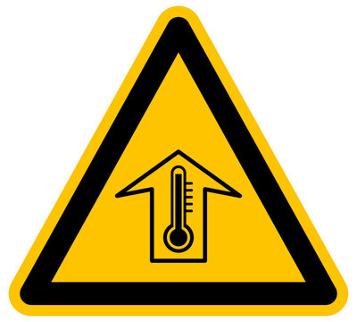 Se&ntilde;al de advertencia amarilla term&oacute;metro con flecha hacia arriba calor extremo y fiebre dise&ntilde;o vectorial