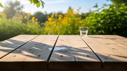 Naklejka premium Glass of water on a wooden picnic table outdoors in bright sunlight with green foliage background