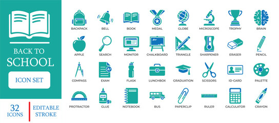 Back to School Icons Set. Featuring school bus, backpack, graduation cap, stationery, and e-learning symbols. Editable vector for education apps, platforms, and school marketing