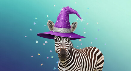 Fototapeta premium Zebra with black and white stripe wearing purple witch hat and shiny stars. Represents imagination, costume, magic, and animal representation