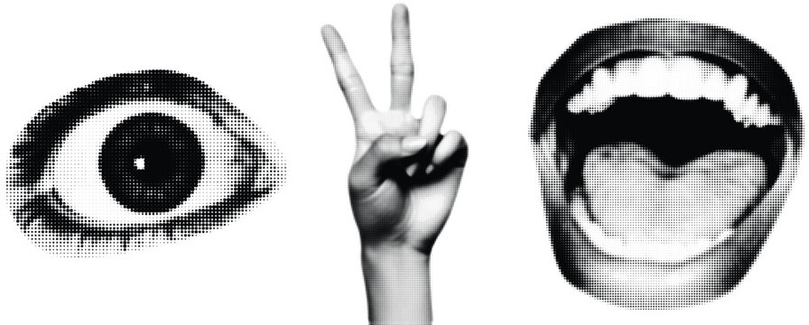 Halftone art eye hand and mouth graphic elements cut outs vector set design for poster design retro dot texture monochrome illustration