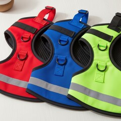 three colorful dog harnesses for pet shop websites, veterinary clinic blogs, canine fashion catalogs, training equipment ads and social media posts, with copy space
