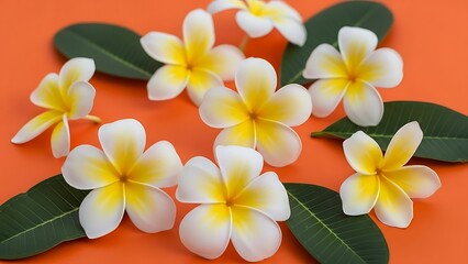 Obraz premium Close-up of plumeria flowers, with white petals, yellow centers, and green leaves, orange background