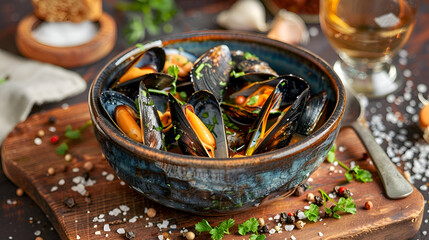 Gourmet mussels in rustic bowl with fresh herbs and spices for culinary presentation