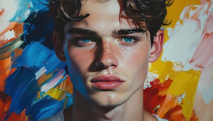 Captivating Portrait of a Young Man with Striking Blue Eyes Against a Vibrant Abstract Background.