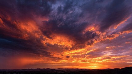 Stunning sunset over mountain range with dramatic cloudscape.