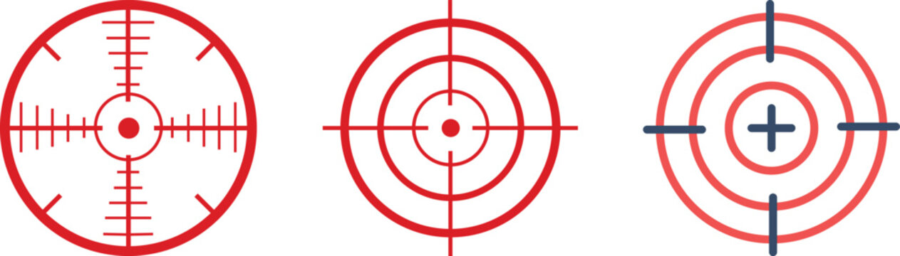 Bullseye target silhouette icon set with crosshairs and accuracy symbols.Abstract line art target icons set featuring various crosshair designs for accuracy and precision concepts.Minimal target icon