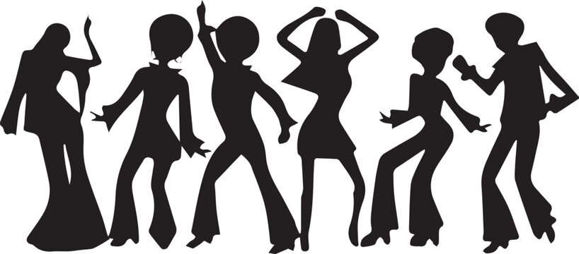 Black silhouettes of six people dancing in various poses