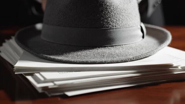 Mystery and intrigue: A vintage fedora rests atop a stack of confidential documents, hinting at secrets and covert operations within a shadowy organization, or at the heart of an enigmatic mystery. 