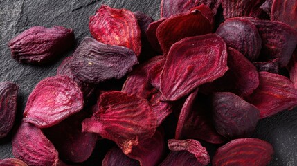 Dried beetroot slices on slate background with rich red textures.