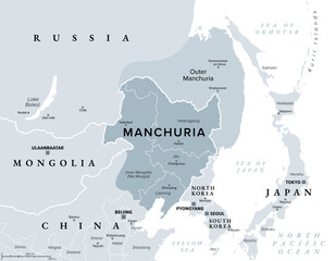 Manchuria, a historical region in Northeast Asia, gray political map. Central part is encompassing present-day northeast China. Parts of modern-day Russian Far East are called Outer Manchuria. Vector