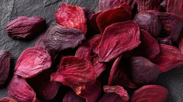 Dried beetroot slices on slate background with rich red textures.