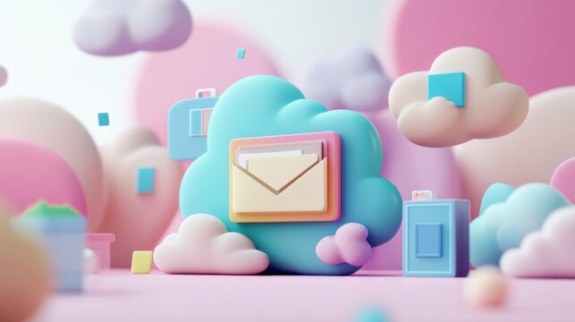 Realistic 3D Cloud Storage Environment with Document File Icon, 3D cloud storage environment featuring a prominent document file icon.