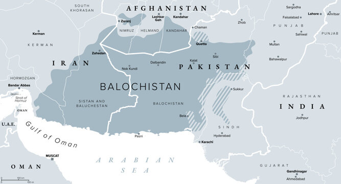 Balochistan, gray political map. Historical region in West and South Asia, split among the countries Iran, Afghanistan, and Pakistan, with a long coastline along Arabian Sea, and Gulf of Oman. Vector