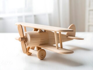 Handcrafted wooden toy airplane with minimalist on a white surface