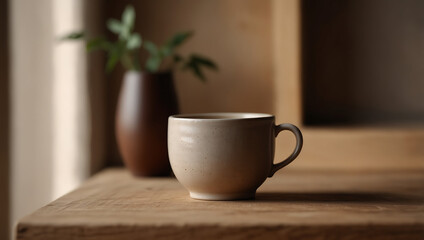 Fototapeta premium Ceramic Coffee Mug on Wooden Table with Potted Plant, Warm Lighting, Cozy Atmosphere