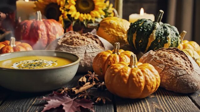 Harvest Feast: A rustic autumn still life showcases the bounty of the season, featuring pumpkin soup, various pumpkins, artisan bread, sunflowers and candles in a warm, inviting tableau.