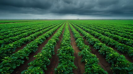 Expansive green farmland under ominous stormy skies.