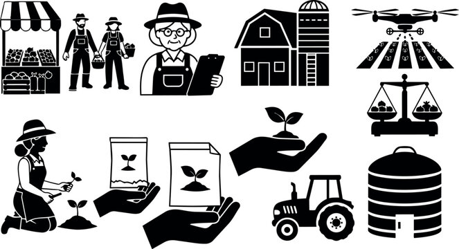 Black silhouette vector icons of farm couple holding baskets, woman planting seedling, senior farmer with clipboard, barn, tractor, drone spraying crops, weighing scale, and grain silo