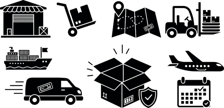 Black silhouette vector icons of shipping warehouse, hand truck, map, forklift, container ship, delivery van, open box with shield, airplane, and calendar logistics