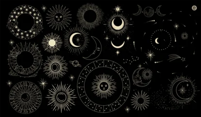 Vector illustration set of moon phases. Different stages of moonlight activity in vintage engraving style. Zodiac Signs   © chikovnaya